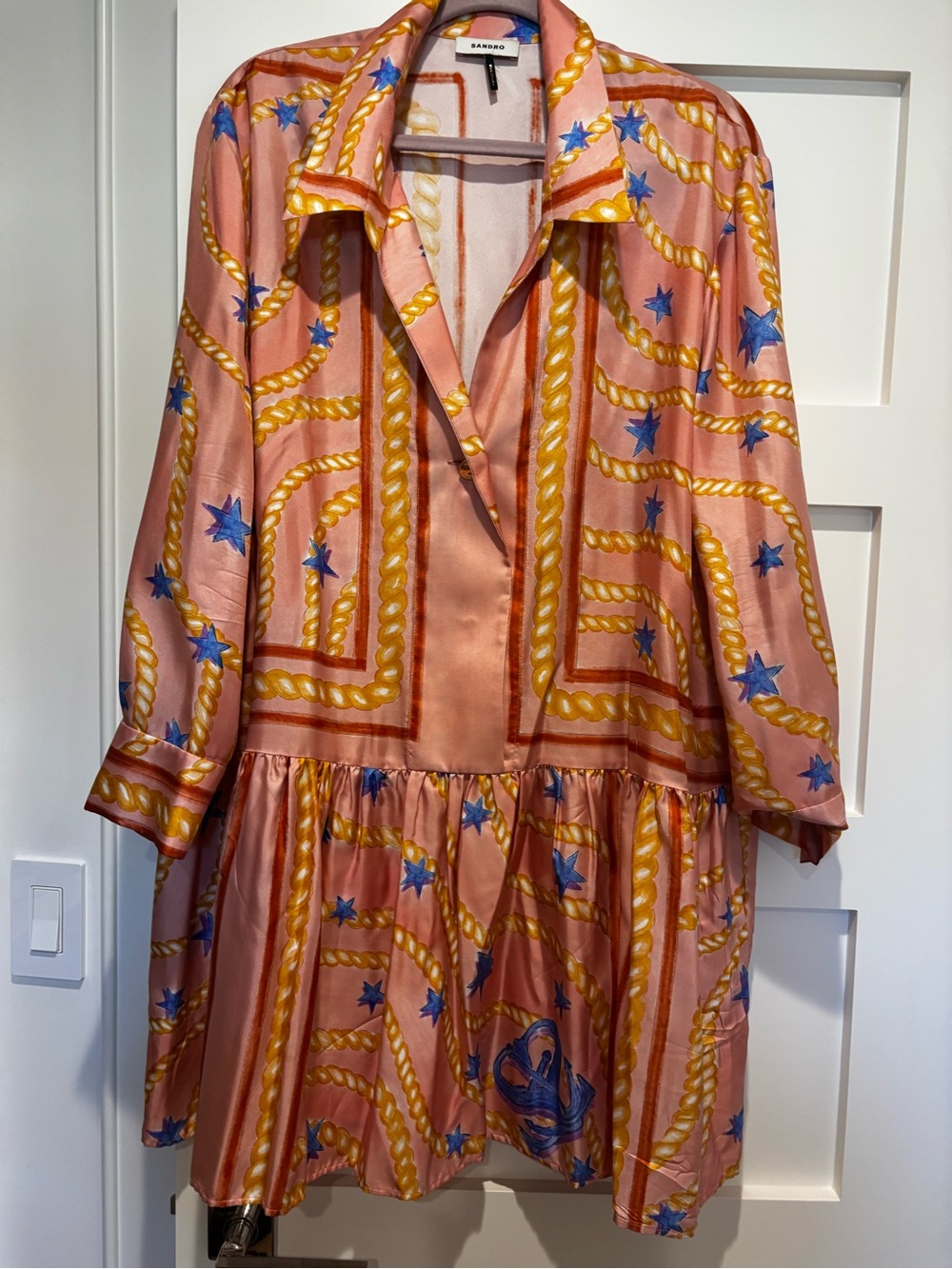 Sandro Pink Rope & Blue Star Long Sleeve Silk-Blend Dress